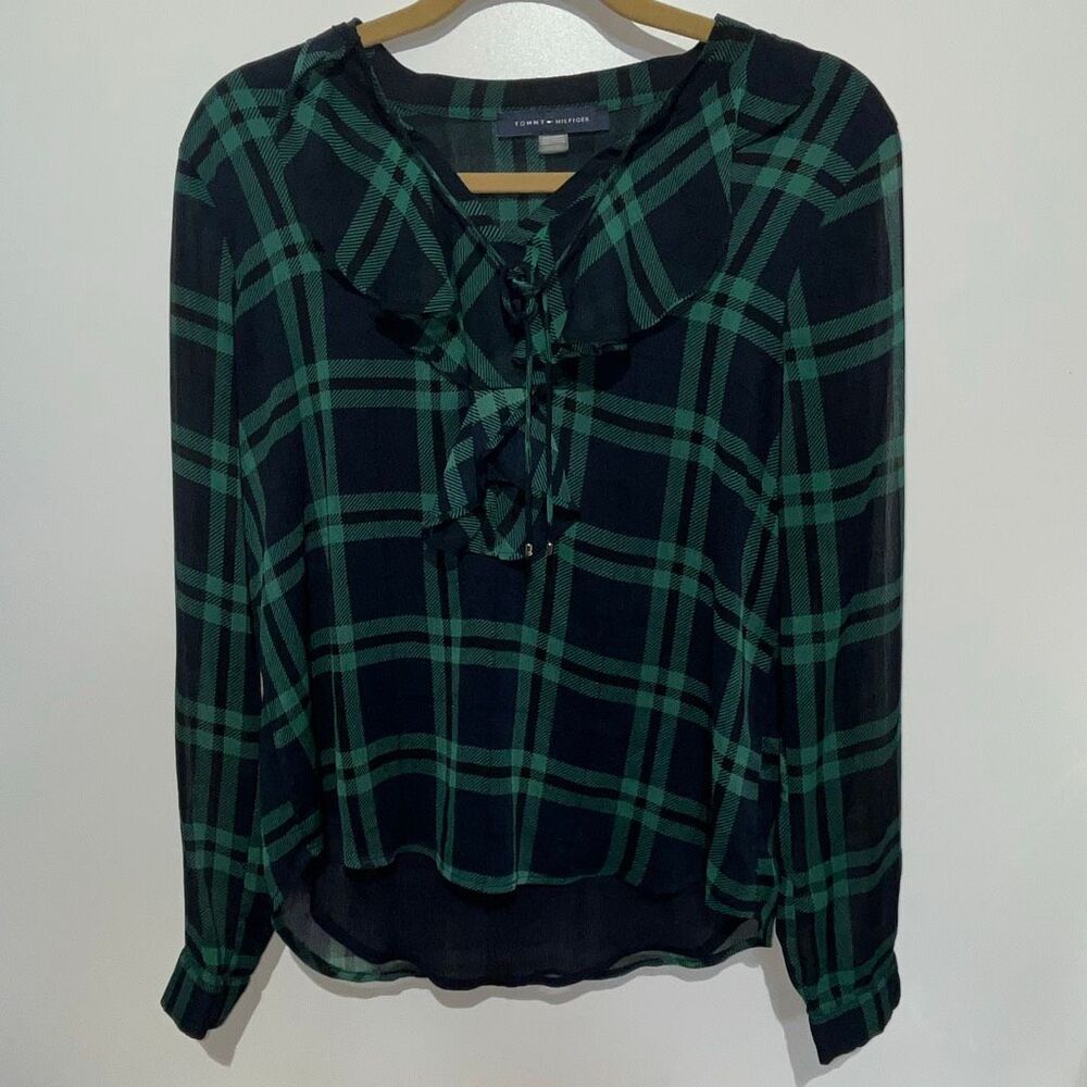 Tommy Hilfiger Women's Green Navy Plaid Ruffle V-Neck Long Sleeve Blouse Medium